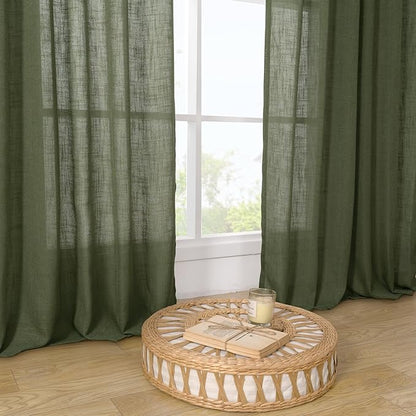 LAMIT Olive Green Linen Kitchen Curtains 24 Inch Length, Semi Sheer Light Filtering Window Panels Back Tab and Rod Pocket Drapes for Basement/Small Windows, 25 x 24 Inch, 2 Panels