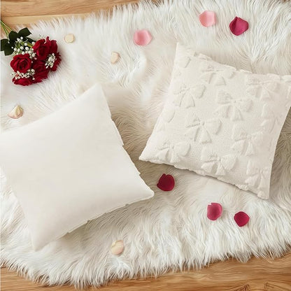decorUhome Cream White Bow Pillow Covers Set of 2 Coquette Aesthetic Cute Preppy Plush Faux Pillowcases for Girly Bedroom or Couch 20x20 Inch