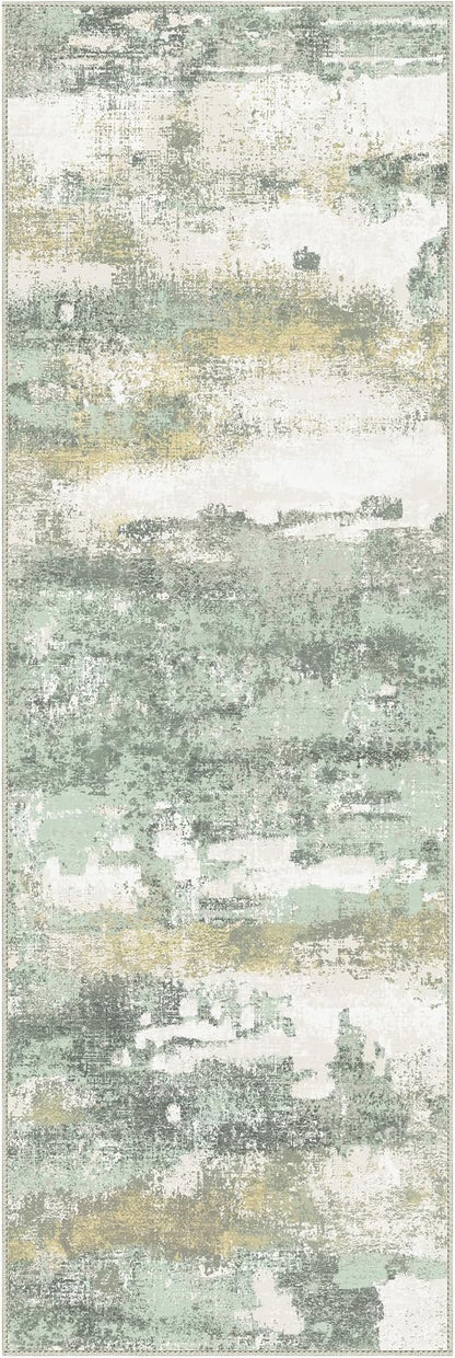 Runner Rug for Hallway Kitchen, 3x7 Machine Washable Runners Rug for Entryway, Soft Modern Abstract Throw Rugs, Low Pile Floor Cover with Non Slip Backing, Light Green