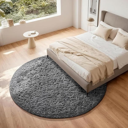 Ophanie Round Rug 7Ft Grey Circle Area Rugs, Large Fluffy Fuzzy Living Room Carpet 7 foot, Plush Shag Solid indoor Floor Gray Bedroom Christmas Circular Aesthetic Decor for Kids Teen Boys Baby,Nursery