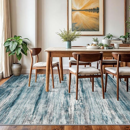 KOZYFLY Area Rug 6x9 Modern Ombre Rugs for Living Room, Washable Large Thin Rugs Non-Slip Soft Striped Rug for Bedroom, Print Blue Abstract Carpet for Laundry/Kid Room