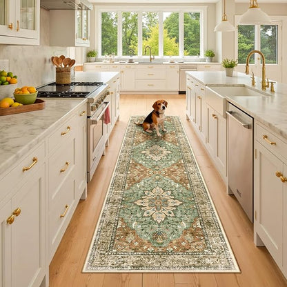 Area Rugs 2'x8' Runner Rug Non Slip Washable for Kitchen Hallway Bedroom Beside Laundry Room Bathroom Rug, Floor Carpet, Brick Red Rust Neutral Brown Burnt Orange Green