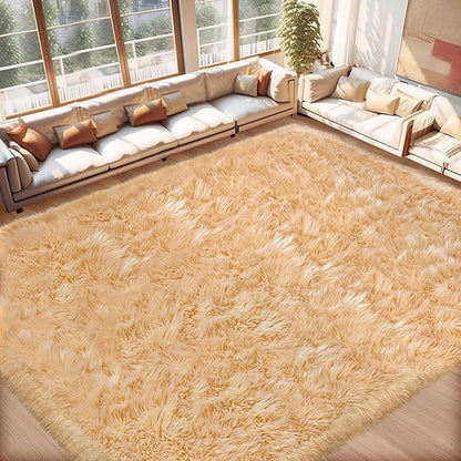 Ciicool Fluffy Faux Fur Area Rug 8 x 10 Feet, Beige Faux Sheepskin Rug Area Rug Large Shag Rug, Thick Shaggy Fuzzy Rugs Floor Carpets for Living Room, Bedroom, Dorm, Luxury Room Decor, Rectangle