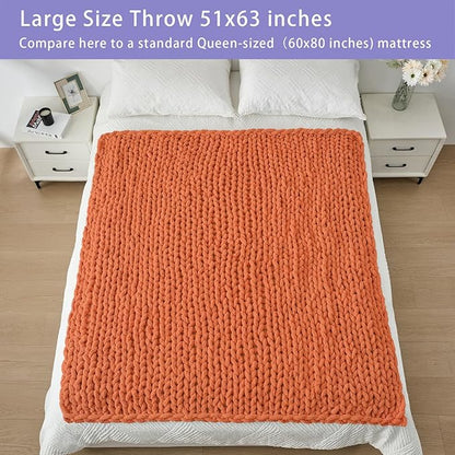 Bigacogo Chunky Knit Throw Blanket for Couch, 51x63 inches, 100% Hand Knitted with Thick Jumbo Chenille Yarn, Cozy Soft Large Rope Knot Cable Crochet Blankets for Sofa Bed Living Room, Terracotta