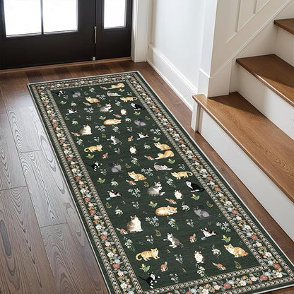 2x6 Washable Kitchen Runner Rug - Soft Low Pile Floral Animal Cat Print Rugs with Non-Slip Backing Waterproof Stain-Resistant Indoor Carpet for Hallway Entryway Bathroom Bedroom (Sage Green)