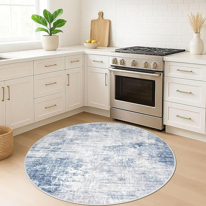 IOHOUZE Round Area Rug 5 Ft Circle Entryway Rugs Round Washable Door Mat Indoor Entrance, Non Slip Circle Front Door Rug, Printed Abstract Faux Wool Floor Carpet for Foyer Porch Sink, Light Blue Grey
