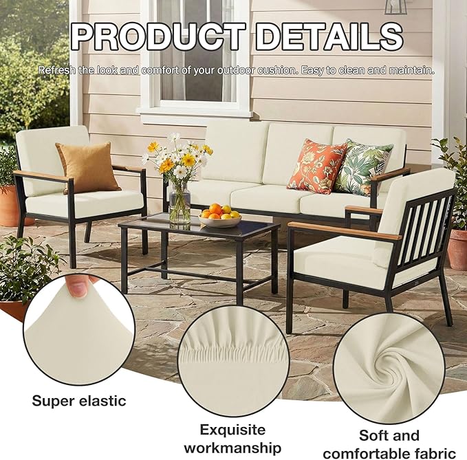 hyha 12Pcs Patio Cushion Covers, Stretch Outdoor Couch Cushion Covers Replacement, Washable Outdoor Chair/Sofa Slipcovers for Patio Furniture Cushions Protector with Elastic Bottom(Beige,Cover Only)