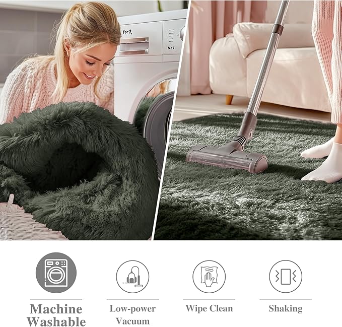 OLANLY Olive Green Round Rugs for Bedroom - Machine Washable, 4 ft Circle Area Rugs for Living Room, Soft and Fluffy Shaggy Carpet for Teen Girl and Boys, Nursery Rooms, Dorms, Home Decor Aesthetic