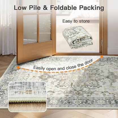 Lofus 3x5 Area Rugs for Entryway, Machine Washable Small Living Room Area Rug, Low Pile Non-Slip Rugs for Bedroom, Kitchen, Home Office, Vintage Oriental Print Rug, Taupe Grey