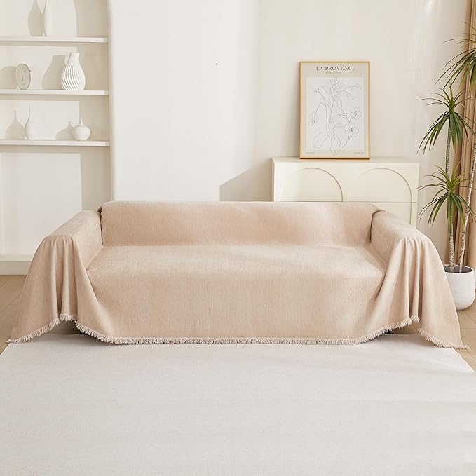 MYSKY HOME Chenille Couch Covers for Sectional Sofa, Couch Cover for Dogs, Washable Sofa Cover, Soft Furniture Protector, Sofa Covers for Futon, Loveseat, Cushion Cover with Tassel, 71"x 102", Khaki
