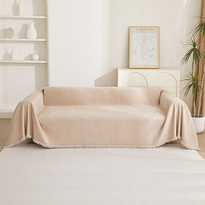 MYSKY HOME Chenille Couch Covers for Sectional Sofa, Couch Cover for Dogs, Washable Sofa Cover, Soft Furniture Protector, Sofa Covers for Futon, Loveseat, Cushion Cover with Tassel, 71"x 102", Khaki