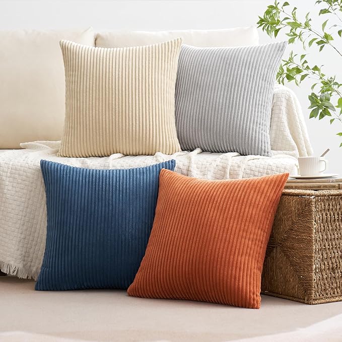 MIULEE Boho Farmhouse Throw Pillow Covers 18x18 Inch Set of 4 Summer Mordern Neutral Cushion Covers Soft Corduroy Nordic Home Decor for Couch Bed Sofa Living Room Blue-Yellow