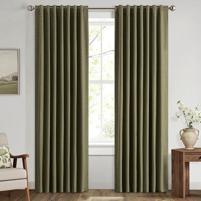 MIULEE 100% Blackout Linen Curtains for Bedroom, Light Olive Green Solid Luxury Decor Thermal Insulation Room Darkening Drapes for Living Room Nursery Back Tab Rod Pocket 42 x 63 Inches, 2 Panels