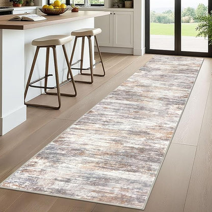 KOZYFLY Modern Abstract Washable Rug Runner 2.6x10 Hallway Rug Runner Non-Slip Soft Kitchen Runner Rugs, Multi Grey/Orange Striped Carpet for Entryway Bathroom