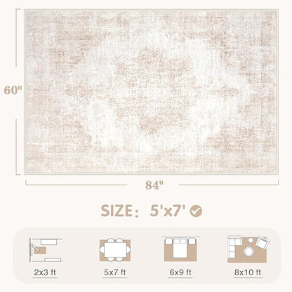 Area Rug 5x7 Vintage Rugs: Washable Living Room Rug Retro Medallion Distressed Large Rug Soft Low Pile Non-Slip Rugs Indoor Floor Carpet for Bedroom Kitchen Nursery Dining Table Office (Beige/Brown)