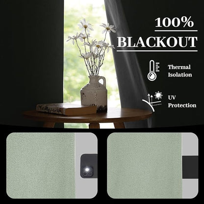 RYB HOME Light Green Curtains 100% Blackout, Linen Window Treatment Panels Thermal Insulated, Privacy Drapes for Living Room/Bedroom/Nursery, Rod Pocket & Back Tab, 2 Panels, W52xL84
