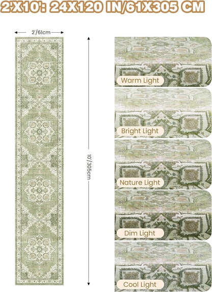 Runner Rug 2x10, Ultra-Thin Kitchen Rugs Non Slip Washable Rugs for Entryway Rug, Kitchen Runner Low Pile Vintage Soft Carpets for Living Room, Bathroom Bedroom (Light Green,2'x10')