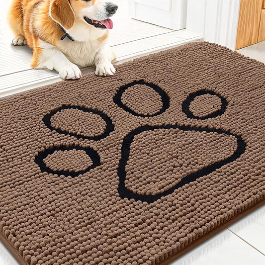 Smiry Dog Door Mat for Muddy Paws, Absorbent Dirt Trapper Non Slip Quick Dry Washable Chenille Mat for Mud Dogs, Entry Rug for Indoor and Outdoor (30x20 Inches, Coffee and Black)