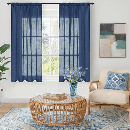 BGment Navy Blue Linen Curtains 54 Inch Length for Short Living Room, Semi Sheer Window Drapes Light Filtering for Bedroom Dining Decor Lightweight with Rod Pocket, 2 Panels Set, Each 42 Inch Wide
