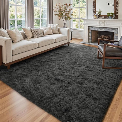 9x12 Ft Extra Large Shag Rugs for Living Room, Ultra Soft Fluffy Furry Area Rugs for Bedroom Indoor Floor, Aesthetic Carpet for Kids Home Decor (Dark Grey)