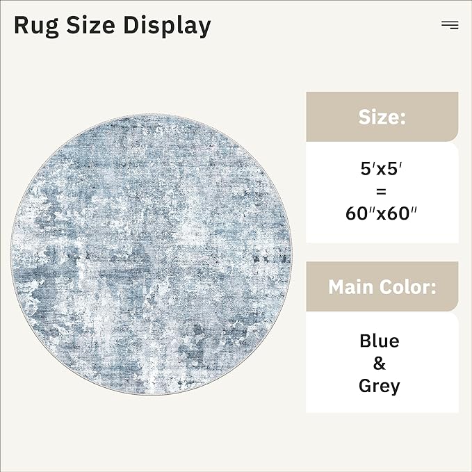 5x5 Blue/Grey Round Rug 5ft Living Room Circle Rug Vintage Round Area Rug Non Slip Indoor Carpet for Entryway Dining Room Bedroom