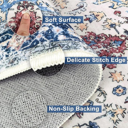 Yamaziot Washable Runner Rug, 2x8 Non-Slip Boho Vintage Hallway Rug with Rubber Backing, Low Pile Faux Wool Distressed Carpet Runner for Bedroom, Kitchen, Laundry, Entrance