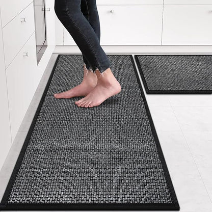 eqivei Kitchen Rugs Non Skid Washable Set of 2 PCS, Absorbent Runner Rugs for Kitchen, Farmhouse Weave Floor Mats in Front of Sink, 17.3"x 47"+17.3"x 29" (Inky)