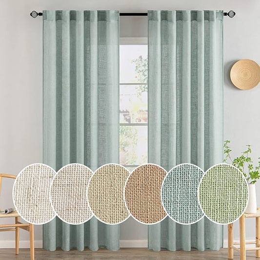 MIULEE Sea Green Linen Curtains 84 Inch Length for Bedroom Living Room, Soft Thick Linen Textured Window Drapes Semi Sheer Light Filtering Back Tab Rod Pocket Burlap Look Aqua Decor, 2 Panels
