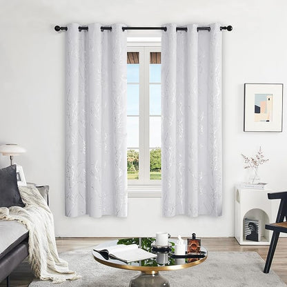 Deconovo Greyish White Curtains, Room Darkening Curtain, Thermal Insulated Soundproof Drapes, Silver Branch Print, 42 x 72 Inch Long, Grommet Window Panels for Living Room Bedroom Nursery, Set of 2