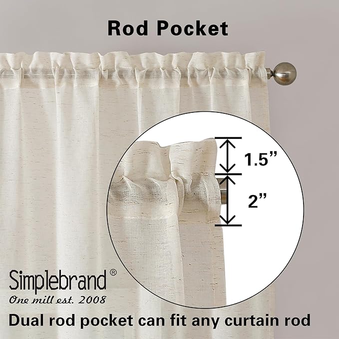 Simplebrand Natural Linen Textured Sheer Curtains 72 inches Long 2 Panels, Rod Pocket Solid Color Window Sheer Curtain Panels, Elegant Curtains & Drapes for Living Room, Bedroom (40" W x 72" L)
