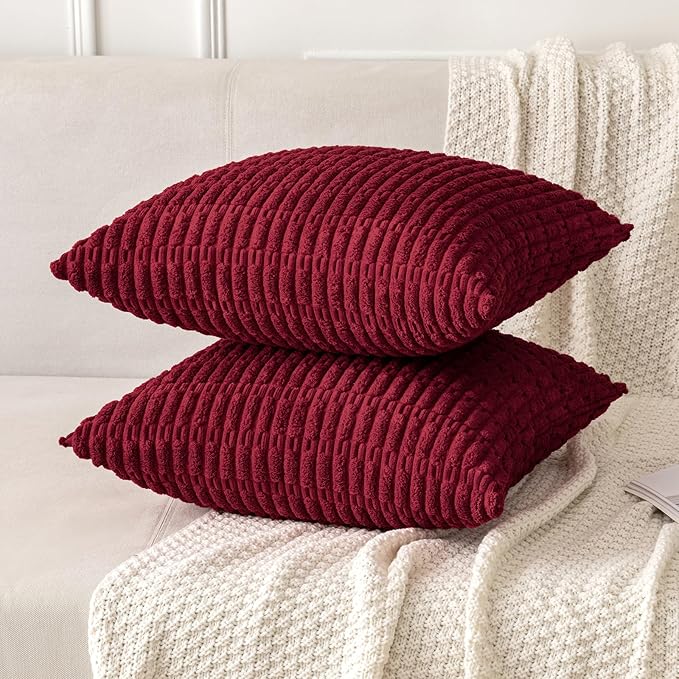 MIULEE Pack of 2 Burgundy Corduroy Decorative Pillow Covers 20x20 Inch Soft Boho Striped Throw Pillow Covers Modern Farmhouse Home Decor for Sofa Living Room Couch Bed