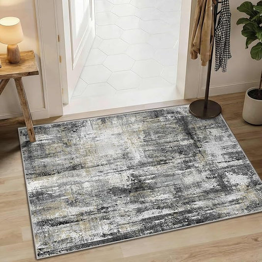 Latte&Fog 2x3 Entryway Rug, Small Modern Abstract Door Mat, Washable Kitchen Rug, Boho Non Slip Low Pile Carpet for Indoor Kitchen, Entry, Front Door and Bathroom - Black/Gold