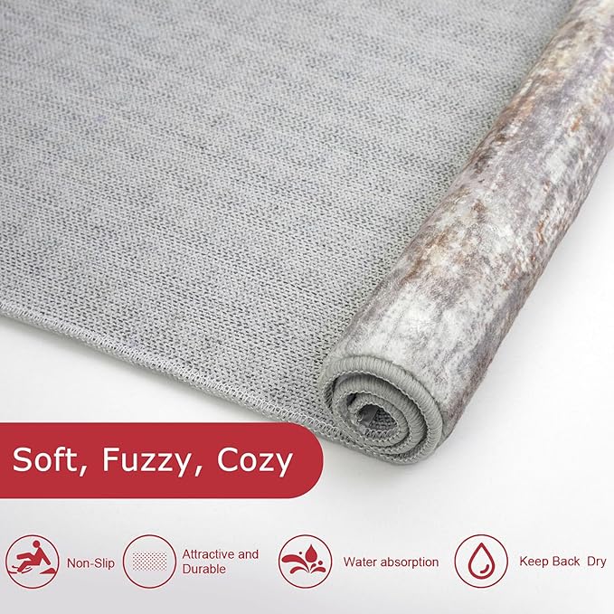 KOZYFLY Modern Abstract Washable Long Runner Rug 2.6x20 Hallway Rug Runner Non-Slip Soft Kitchen Runner Rugs, Multi Grey/Orange 20 Foot Carpet Runners for Stair Entryway Bathroom
