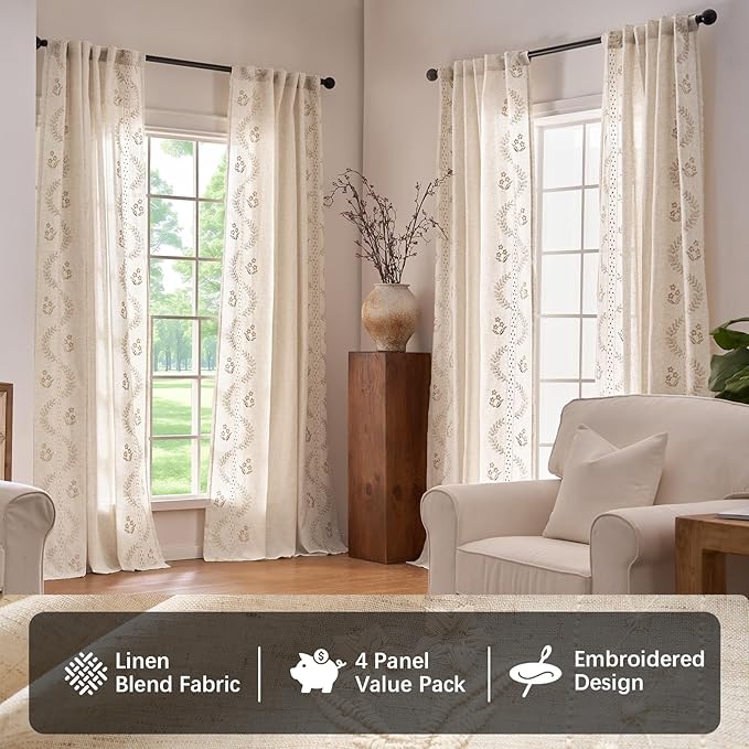 jinchan Belrose 4 Panel Curtains Set 90 Inch Length Floral Curtains Linen Blend Ivory Embroidered Drapes Farmhouse Flower Patterned Drapes for Living Room Bedroom Window Treatments Set of 4