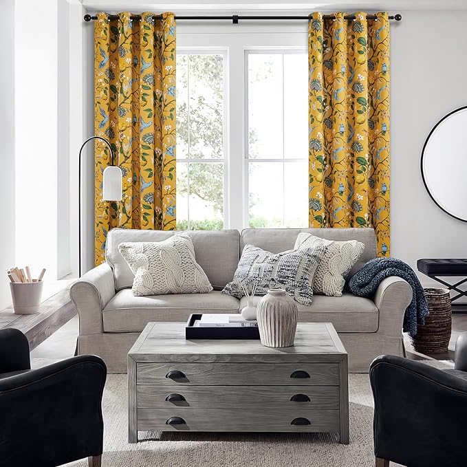 Extra Long 108 Inches Curtains for Large Window Luxury Mustard Yellow Floor To Ceiling Blackout Vintage Floral Hummingbird Fancy Grommet Drop Cloth Damask Drape for Living Room Dining 2 Pages 9FT