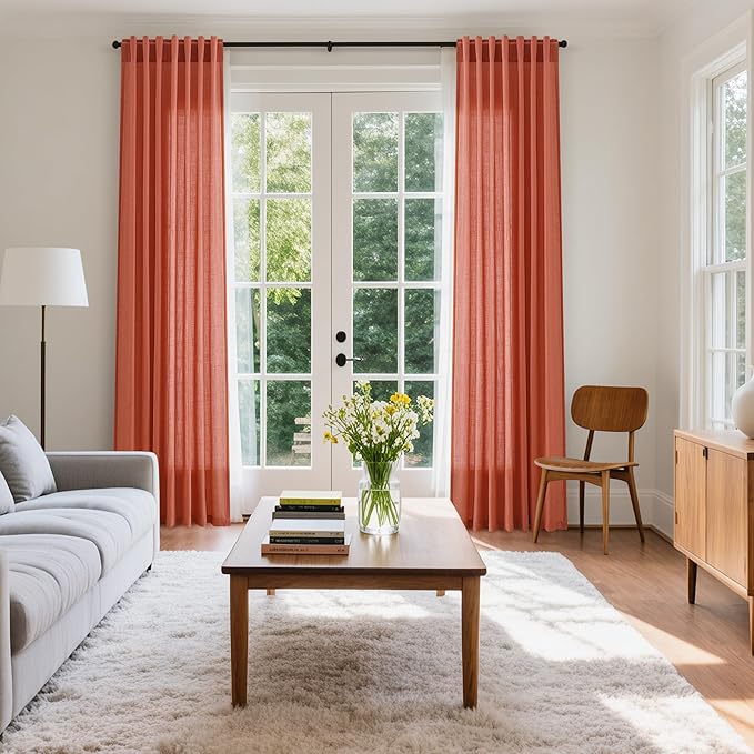 Coral Linen Curtains 102 Inches Long 2 Panel Set Back Tab Rod Pocket Semi Sheer Light Filtering Burlap Extra Long Drapes Neutral Farmhouse Decor for High Window Living Room 52x102