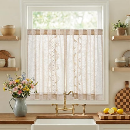 jinchan Belrose Linen Floral Kitchen Curtains 36 inch Length Embroidered Farmhouse Cafe Curtains for Living Room Bathroom Small Windows Curtain Set Sheer Light Filtering 2 Panels Ivory