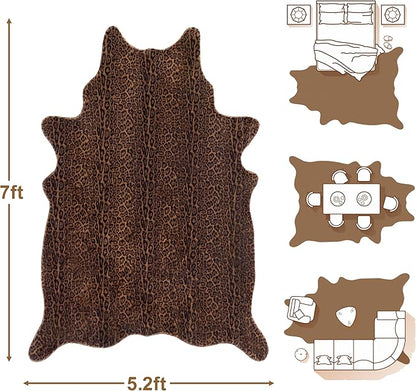 Faux Antelope Cheetah Print Rug, Leopard Rug 5.2x7 Faux Animal Print Skin Cheetah Area Rug for Bedroom Living Room Animal Fur Hide Rustic Dark Brown