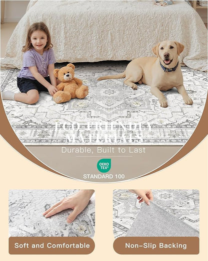 Madane Runner Rug 2'6''x8' Kitchen Runner, Hallway Runner Printed Vintage Rug 2.5x8ft Washable Rugs Soft Non-Slip Low Pile Runners for Hallways Laundry Room Rug, Grey