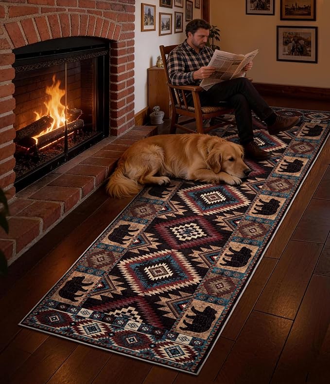 Western Runner Rug 2'8"x8' - Rustic Cabin Washable Rug, Non-Slip Low Pile Soft Carpet, Lodge Geometric Print Floor Runner Rugs for Hallway, Entryway, Bedroom, Kitchen, Laundry