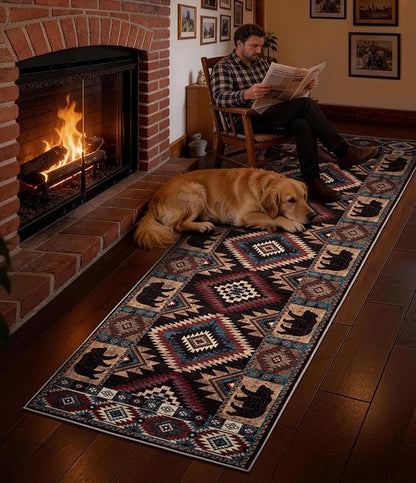 Western Runner Rug 2'8"x8' - Rustic Cabin Washable Rug, Non-Slip Low Pile Soft Carpet, Lodge Geometric Print Floor Runner Rugs for Hallway, Entryway, Bedroom, Kitchen, Laundry