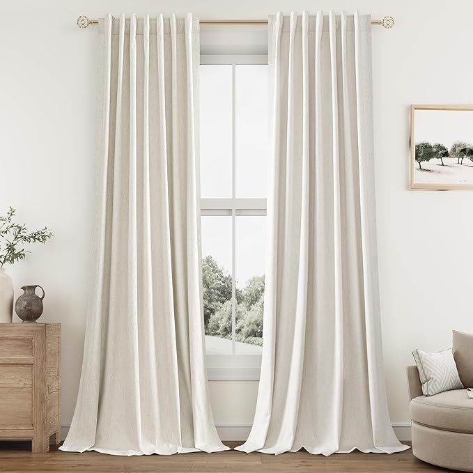 Guken Cream 100% Blackout Linen Curtains 132 Inch Length 2 Panels Set for Living Room Bedroom Back Tab Thermal Insulated Black Out Drapes Room Darkening Farmhouse Window Curtains 52x132