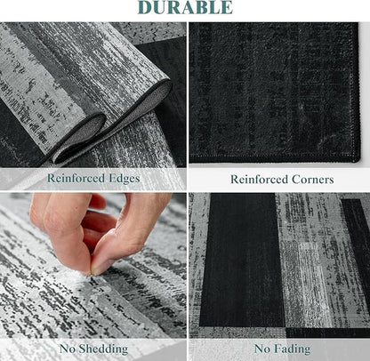 LIANLAM 5x7 Washable Area Rugs for Living Room and Bedroom, Vintage Checkered Pattern Non-Slip Carpet, Stain Resistant Low Pile Soft Rug for Dining Room,Office,Nursery,Kids Room(5x7,Gray)