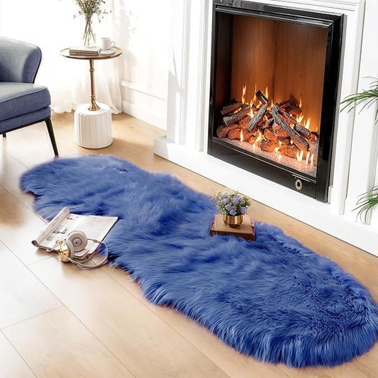 Ciicool Ultra Soft Faux Sheepskin Fur Rug Fluffy Rug for Bedroom Fuzzy Carpet for Living Room Kid's Room Nursery Decor, Dark Blue 2 x 6 Feet