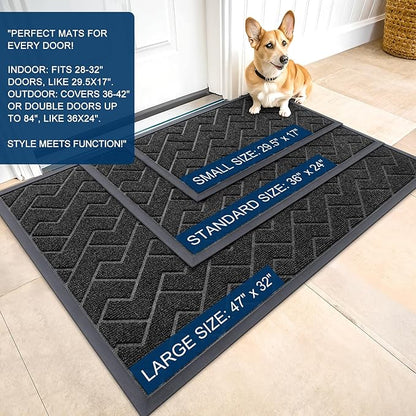 OLANLY Front Door Mat Indoor Outdoor Entrance, Waterproof All-Season, All-Weather Doormat, Sturdy Natural Rubber, Low Profile, Easy Clean Patio Porch Entryway Mat, Herringbone Brick (Black, 59x35)