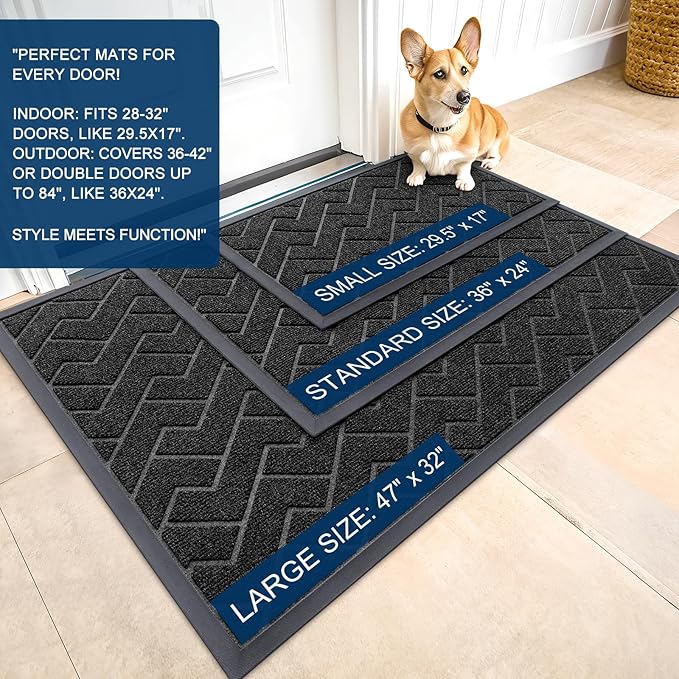 OLANLY Front Door Mat Indoor Outdoor Entrance, Waterproof All-Season, All-Weather Doormat, Sturdy Natural Rubber, Low Profile, Easy Clean Patio Porch Entryway Mat, Herringbone Brick (Black, 71x47)