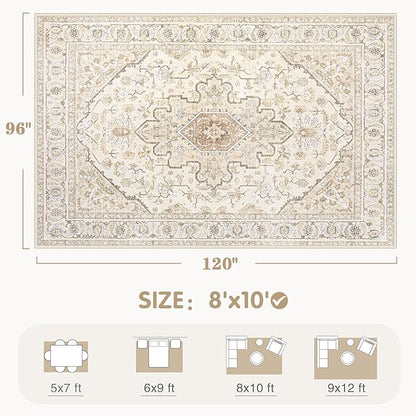 Area Rugs 8x10 Vintage Rug: Large Washable Living Room Rug Retro Medallion Distressed Soft Low Pile Non-Slip Indoor Floor Carpet for Bedroom Kitchen Nursery Dining Office (BeigeBrown, 8'x10')