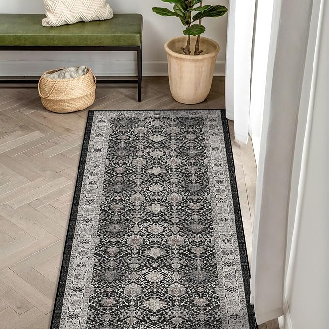 Hallway Washable Runner Rug - 2x6 Kitchen Rugs Entryway Rug Runner Vintage Soft Floor Mat Non Slip Indoor Farmhouse Carpet for Bathroom Living Room Bedroom (2 X 6, Black)