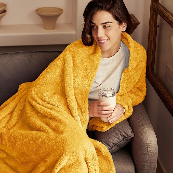 Exclusivo Mezcla Plush Fuzzy Fleece Throw Blanket Extra Large, Super Soft, Fluffy and Warm Blankets for Couch, Bed, All Season (Mustard Yellow, 50x70 inches)