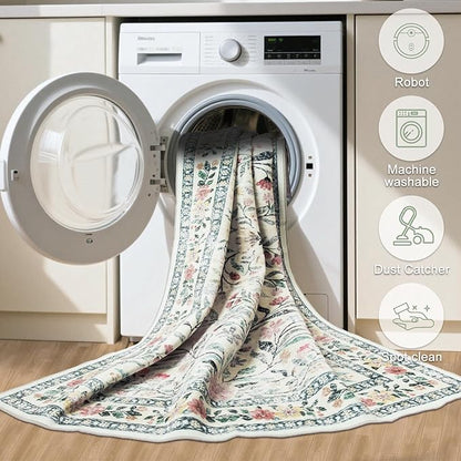 Round Area Rug for Living Room: 4 ft Floral Washable Circle Rug Soft Non-Slip Carpet Indoor Stain Resistant Low Pile Small Circular Rug for Bedroom Entryway Kitchen Nursery Home Office Green Beige